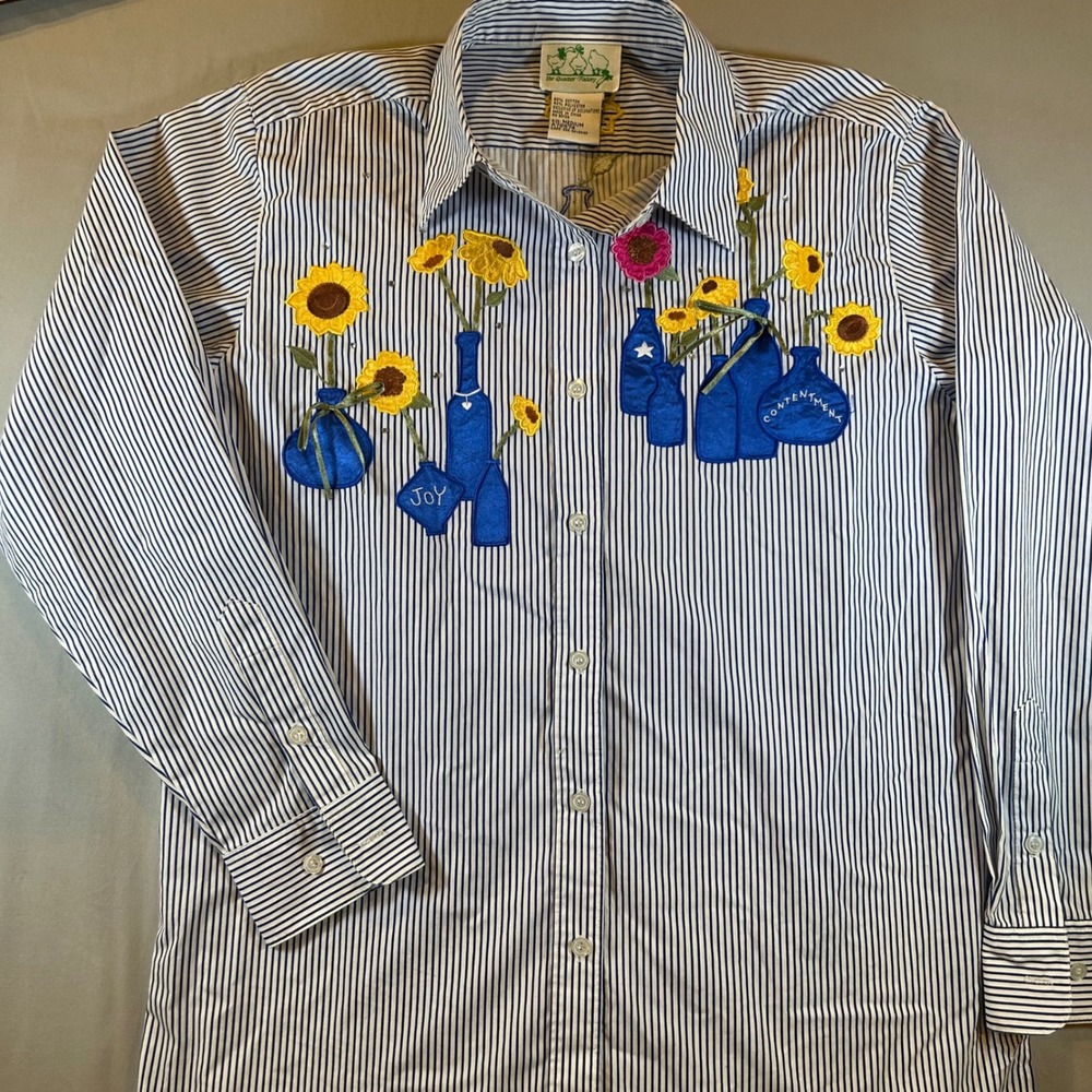 Quacker Factory Blue Stripe Floral Sunflower Embroidered Button Down Shirt M